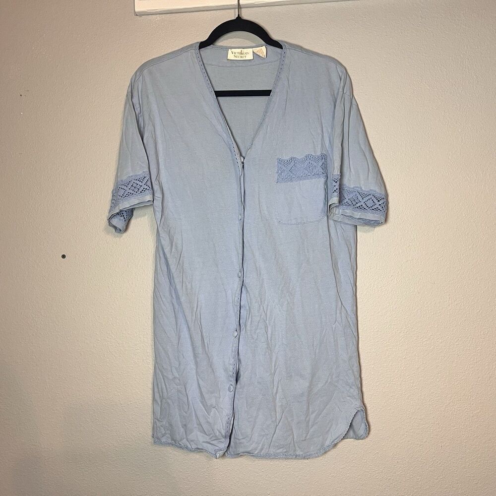 Vintage Victoria’s Secret Gold Label Button Up Nightgown Sleep Shirt Blue Small